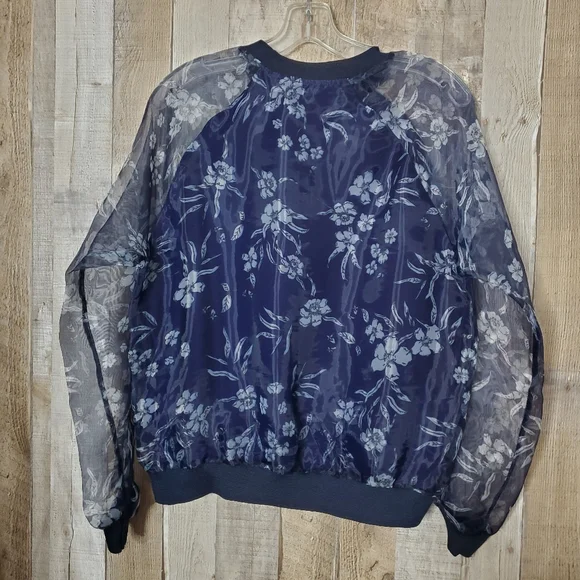 Zara Navy Floral Print Sheer Pullover Long Sleeves Blouse Size Small - Picture 8 of 10